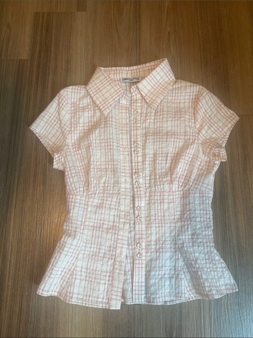 Princess Polly Pale Pink Plaid Short Sleeve Button-Down Shirt Business Casual